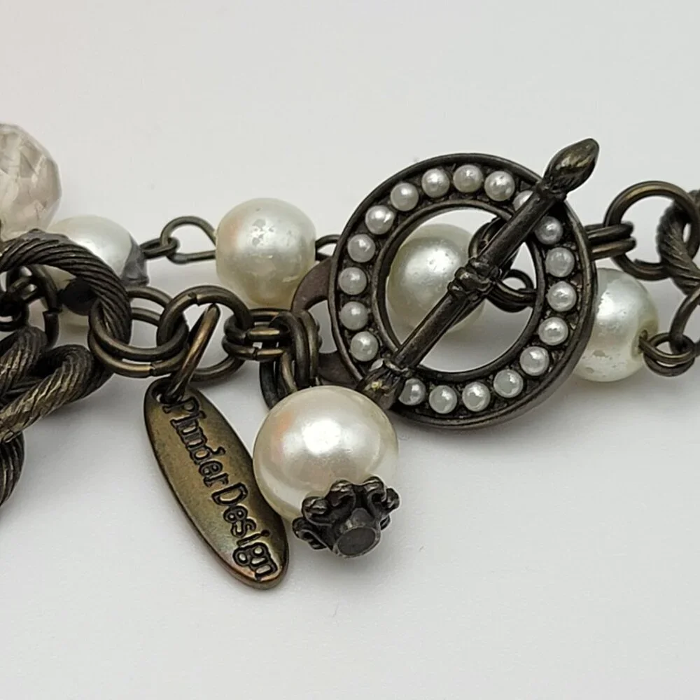 Plunder Statement Pearl Necklace And Charm Bracelet Set White Bronze Tone